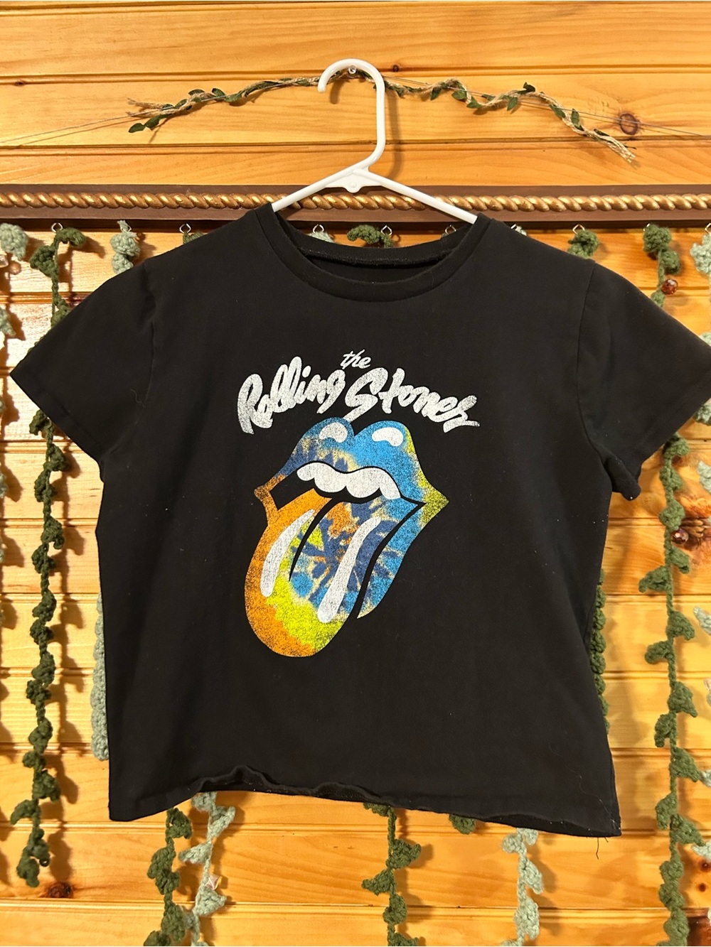 the Rolling Stones Black Crop Tee with Multicolor Tongue Graphic